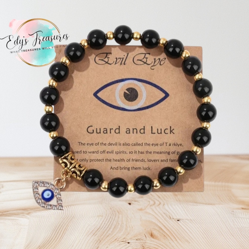 Black Evil Eye Beaded Bracelet Gold Tone Charm | New
